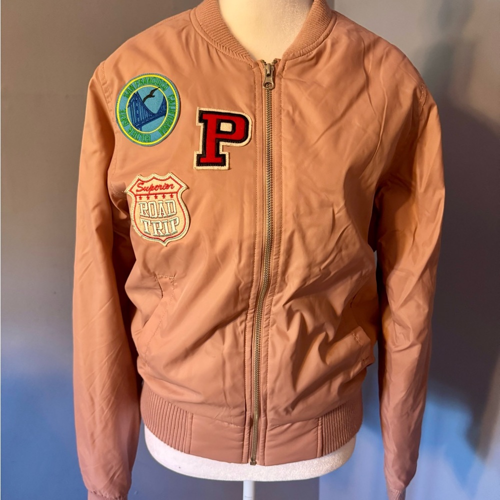 IRIS Los Angeles Pink Bomber Jacket With Patches Sz M Medium